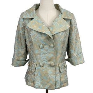 Ross Mayer Jacquard Blazer Womens S Seafoam Green + Gold Floral Rhinestones VGUC